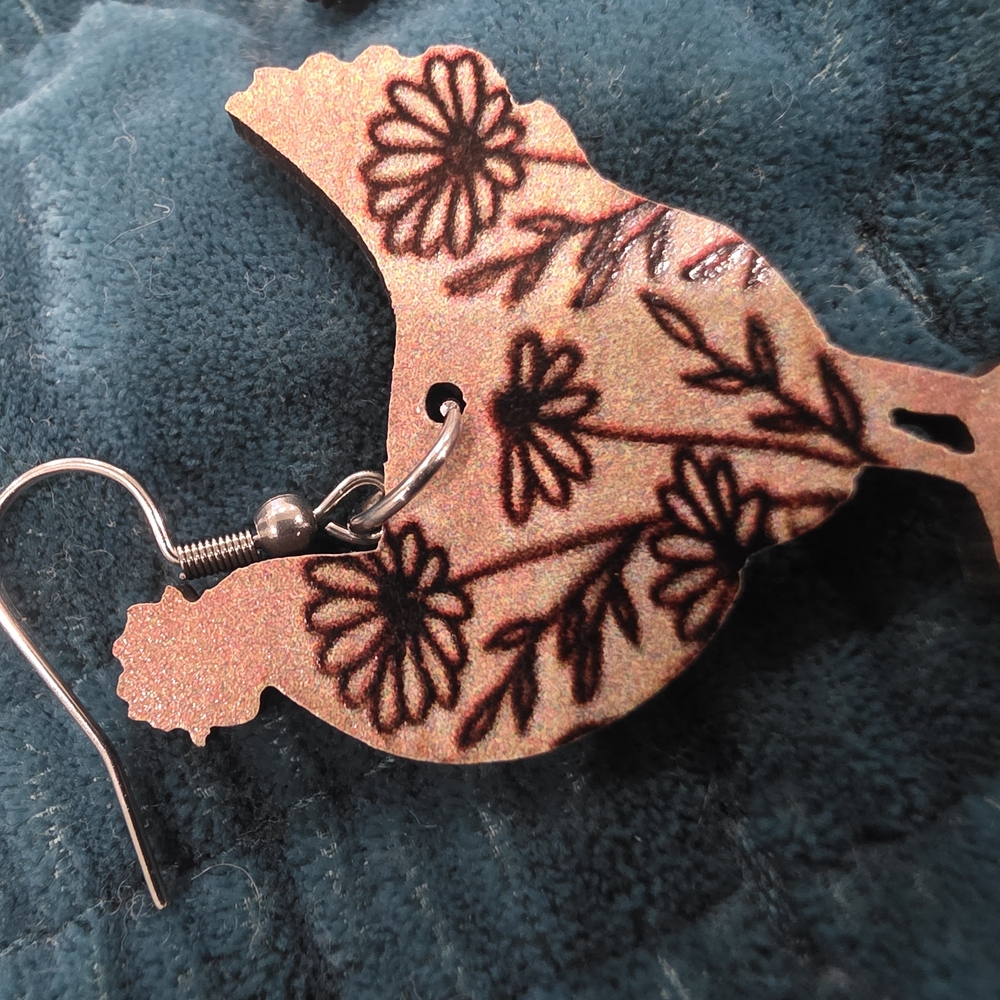 Floral Chicken Wooden Earrings - Picture 3 of 6